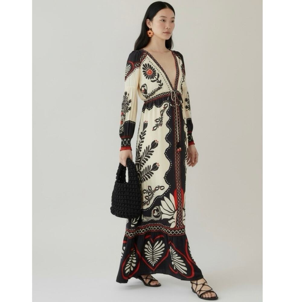 Farm Rio Women's Passion Scarf Black Maxi Dress Green/Cream Women’s Size M NWT - Picture 2 of 16